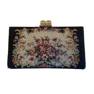 Vintage Box Style Floral Tapestry Carpet Gold Tone Barrel Clasp Clutch Purse